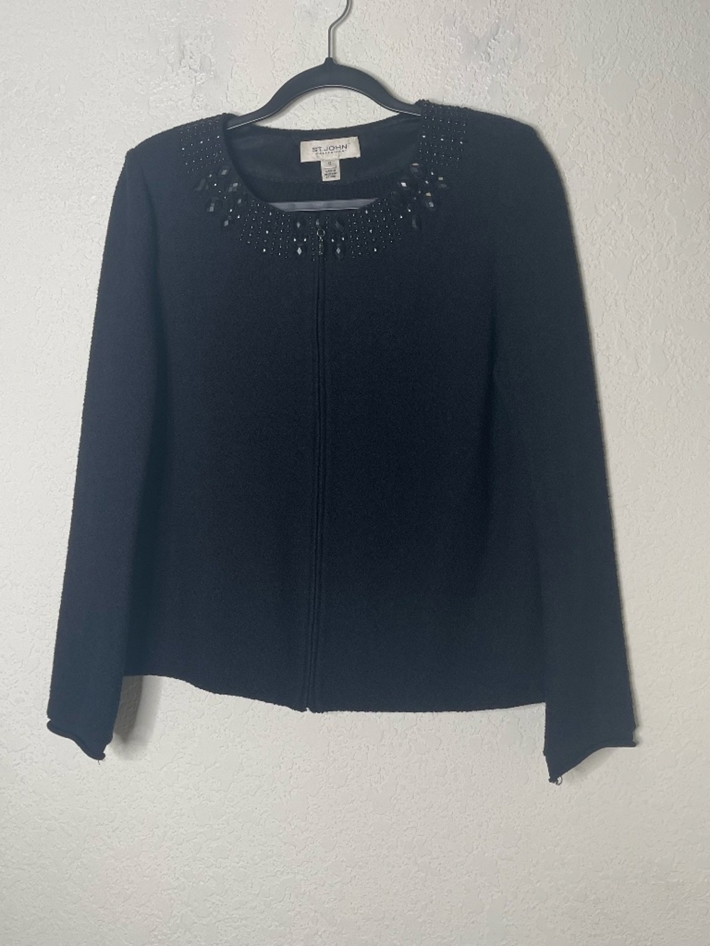 St John Collection Jacket 12 Black Wool Knit Beaded Jeweled Zip Embellished